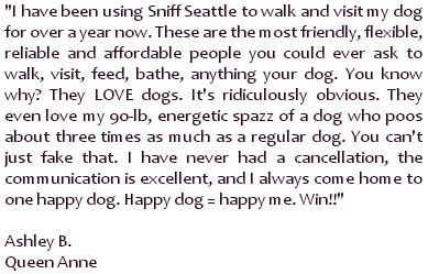 I have been using Sniff Seattle to walk and visit my dog for over a year now. These are the most friendly, flexible, reliable and affordable people you could ever ask to walk, visit, feed, bathe, anything your dog.  You know why? They LOVE dogs. It's ridiculously obvious. They even love my 90-lb, energetic spazz of a dog who poos about three times as much as a regular dog. You can't just fake that. I have never had a cancellation, the communication is excellent, and I always come home to one happy dog. Happy dog = happy me. Win!! ~ Ashley B., Queen Anne